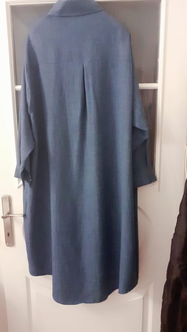 Düğmeli Lacivert Uzun Keten Kadın Gömlek - Görsel 2