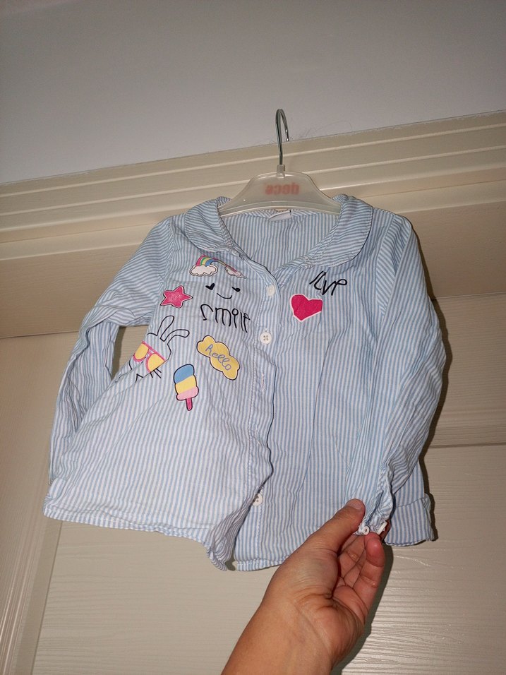 Nakışlı Mavi Pamuklu Kız Gömlek - Görsel 2