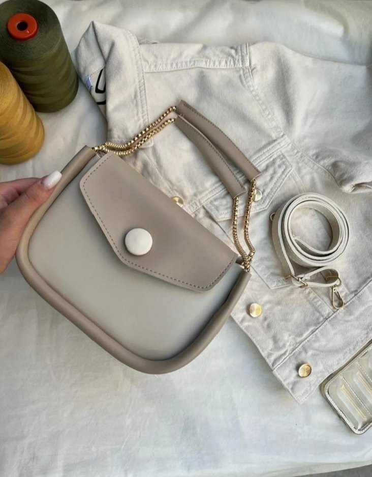 Bej Deri Kadın Çanta, Düğmeli - Görsel 2