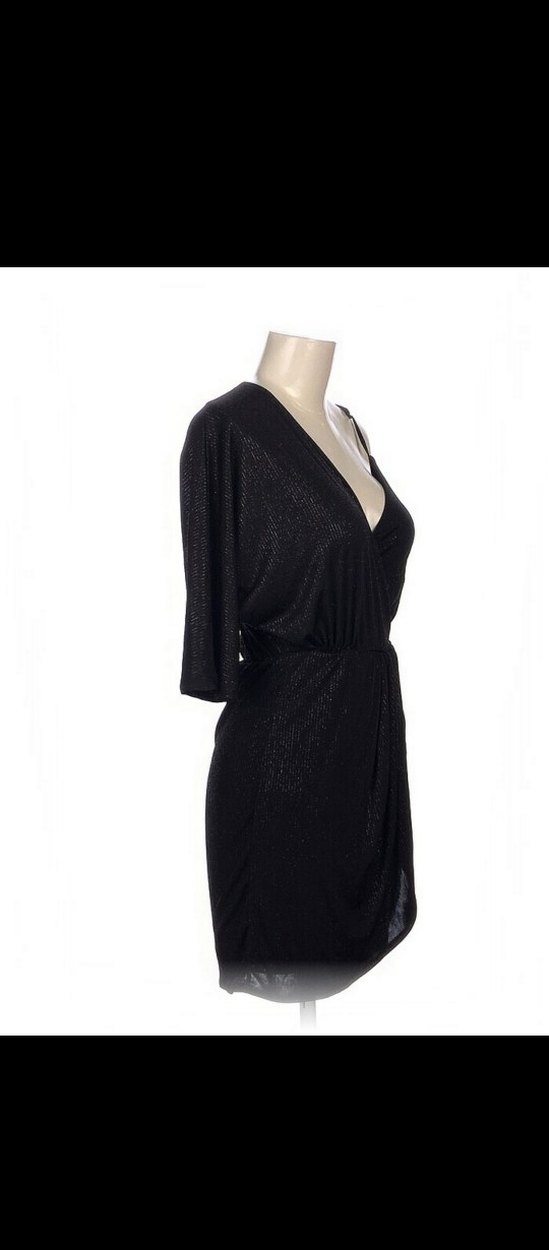 Simli V Yaka Drapeli Siyah Mini Abiye Elbise - Görsel 2