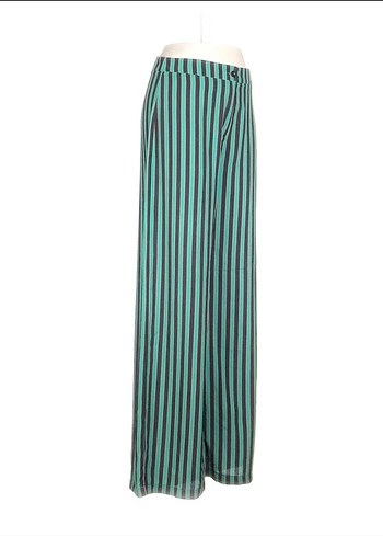 Yeşil Çizgili Bol Paça Kumaş  Pantolon - Görsel 2