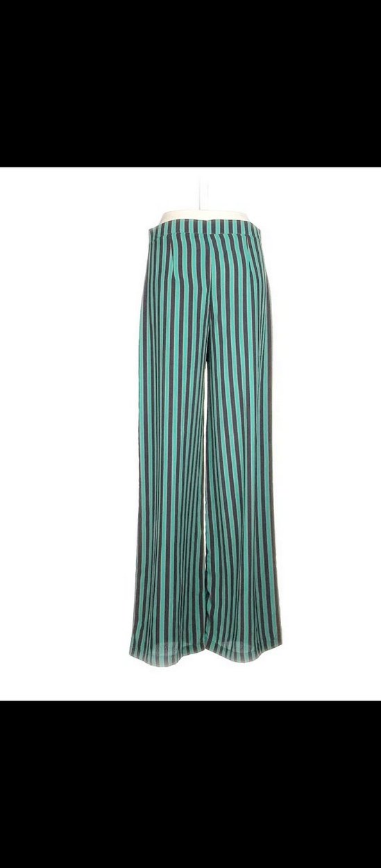Yeşil Çizgili Bol Paça Kumaş  Pantolon - Görsel 3