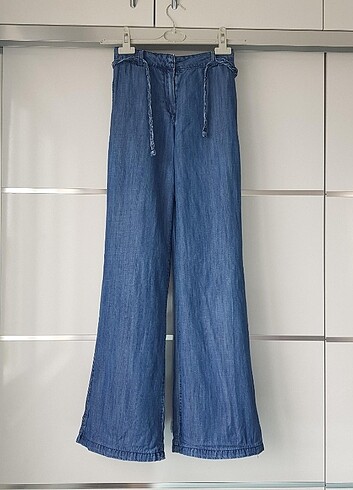 Denim Görünümlü İspanyol Paça Kumaş Pantolon 