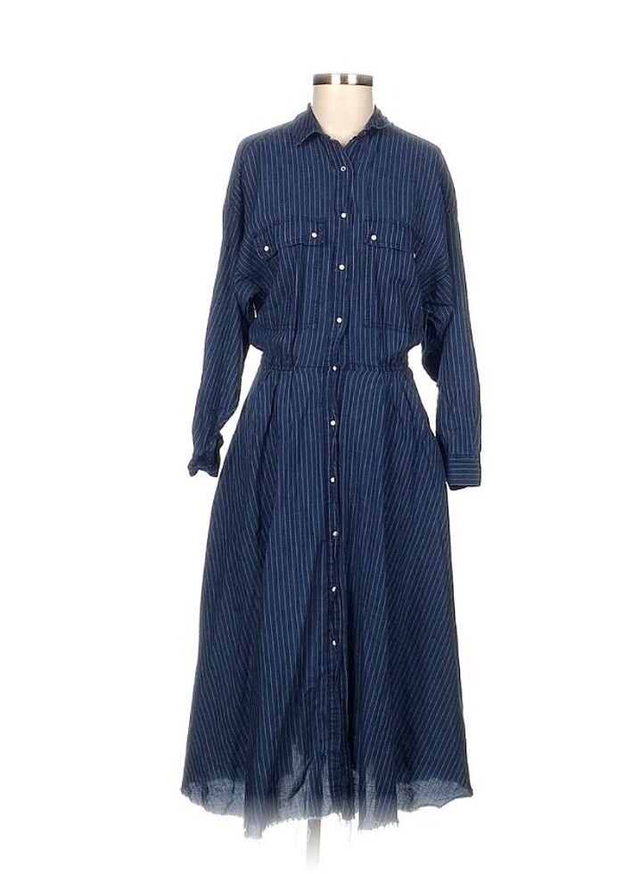 Zara Denim Görünümlü Çizgili Çan Midi Gömlek Elbise  - Görsel 2