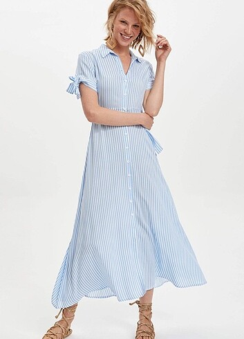 Çizgili Kemerli Uzun Gömlek Elbise  - Görsel 5