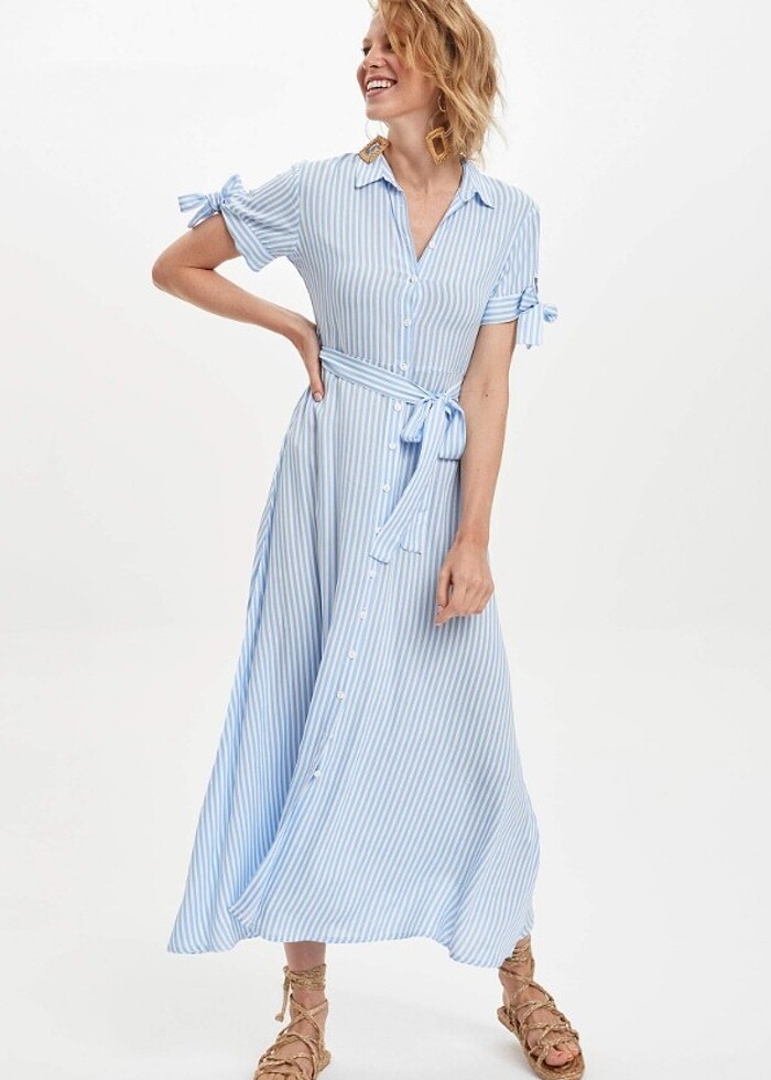 Çizgili Kemerli Uzun Gömlek Elbise  - Görsel 2
