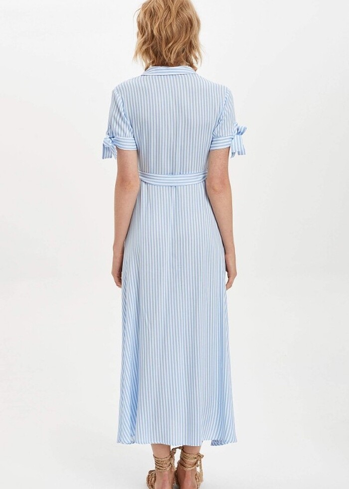 Çizgili Kemerli Uzun Gömlek Elbise  - Görsel 4