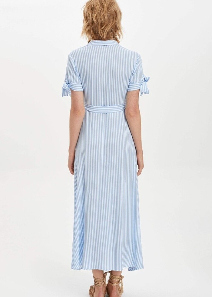 Çizgili Kemerli Uzun Gömlek Elbise - Görsel 4