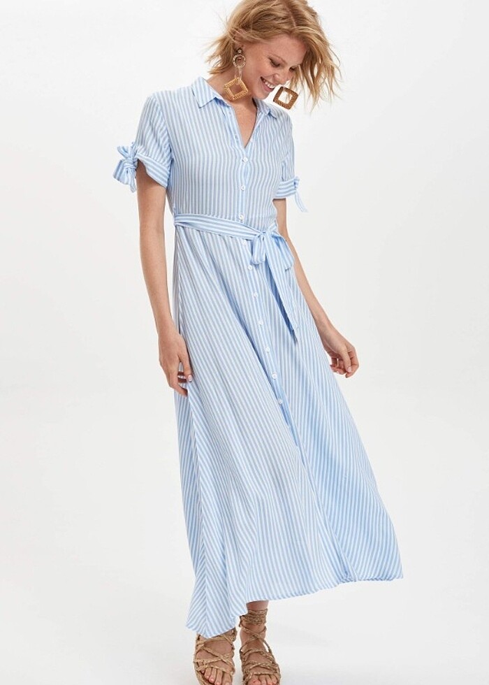 Çizgili Kemerli Uzun Gömlek Elbise - Görsel 2