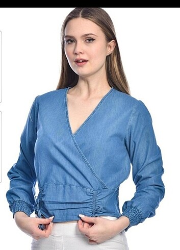 Mavi Jeans MAVİ MARKA Kruvaze yaka büzgülü lastikli denim bluz
