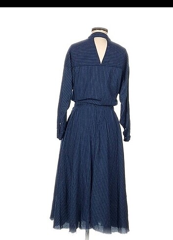s Beden lacivert Renk Zara Denim Görünümlü Çizgili Çan Midi Gömlek Elbise