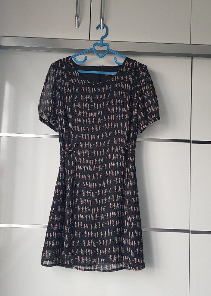 Balon Kol Desenli Şifon Kısa Elbise - Görsel 2