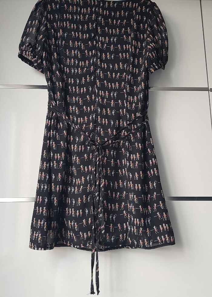 Balon Kol Desenli Şifon Kısa Elbise - Görsel 4