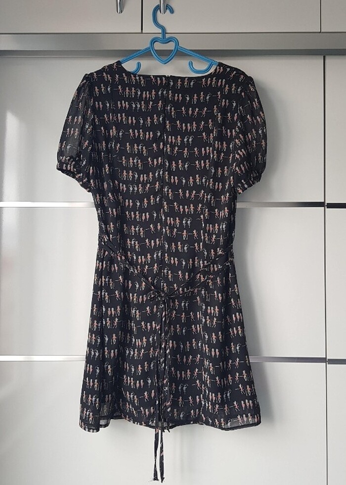 Balon Kol Desenli Şifon Kısa Elbise - Görsel 5