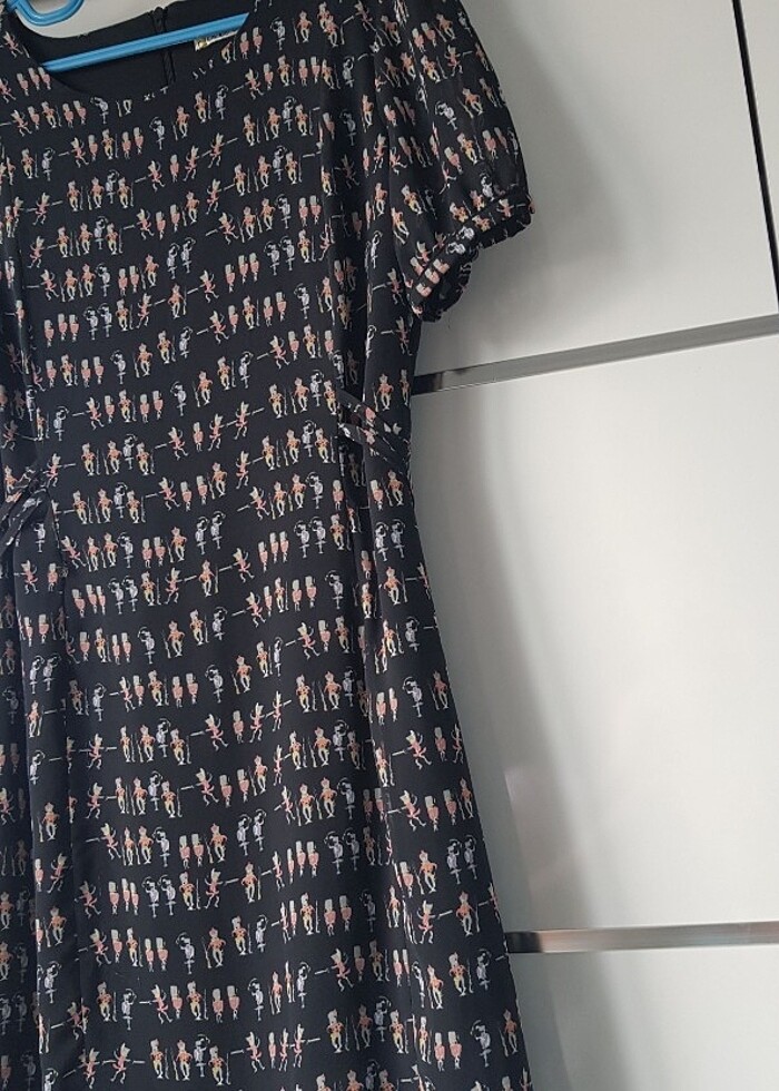 Balon Kol Desenli Şifon Kısa Elbise - Görsel 3