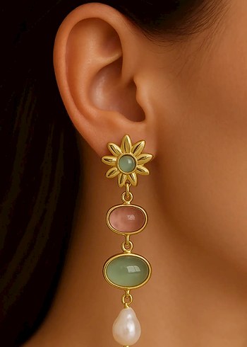 Çiçekli Boncuklu Uzun Bohem Küpe - Görsel 3