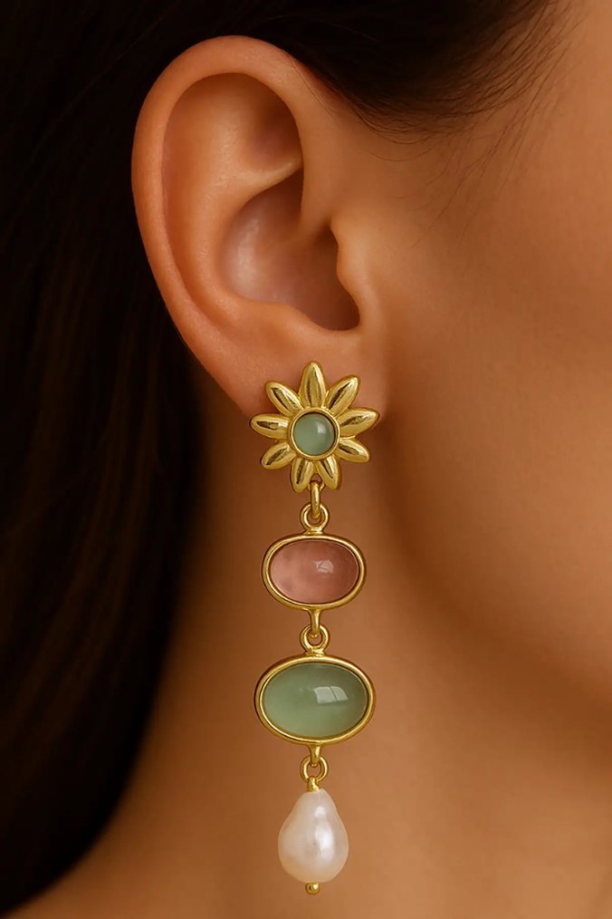 Çiçekli Boncuklu Uzun Bohem Küpe - Görsel 3