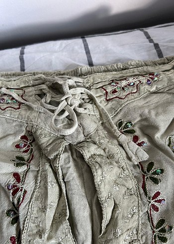 Diğer Nakışlı Bohem Keten Pantolon