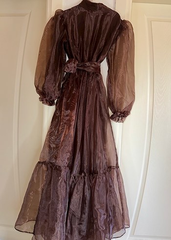 Uzun Kahverengi Drapeli Vintage Elbise - Görsel 3