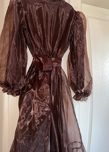 Uzun Kahverengi Drapeli Vintage Elbise - Görsel 5