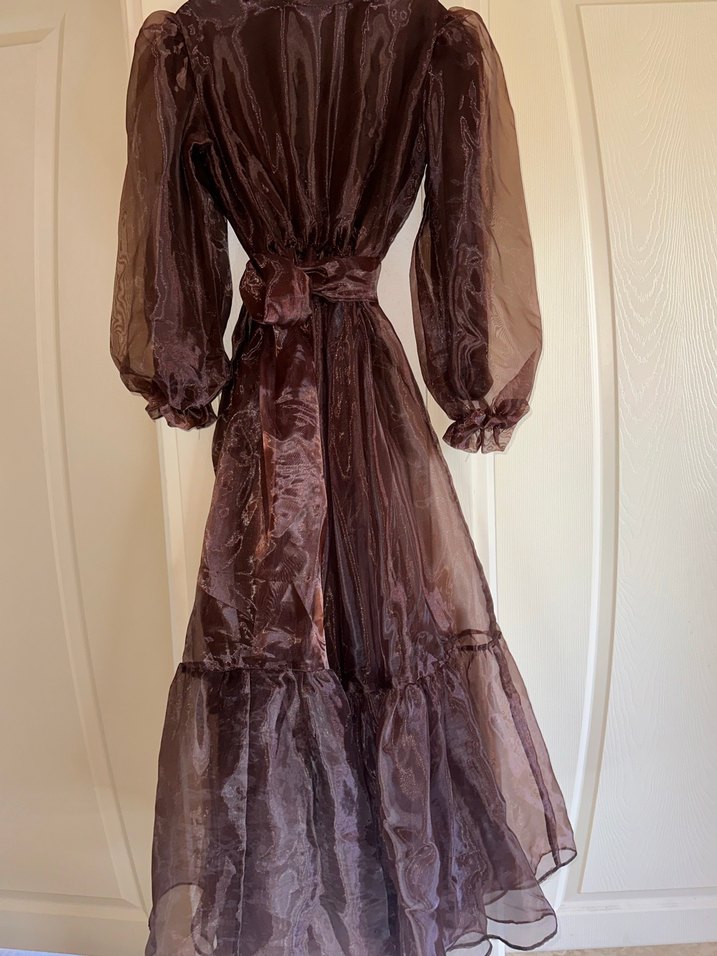 Uzun Kahverengi Drapeli Vintage Elbise - Görsel 2