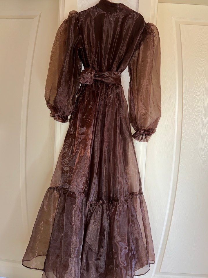 Uzun Kahverengi Drapeli Vintage Elbise - Görsel 3