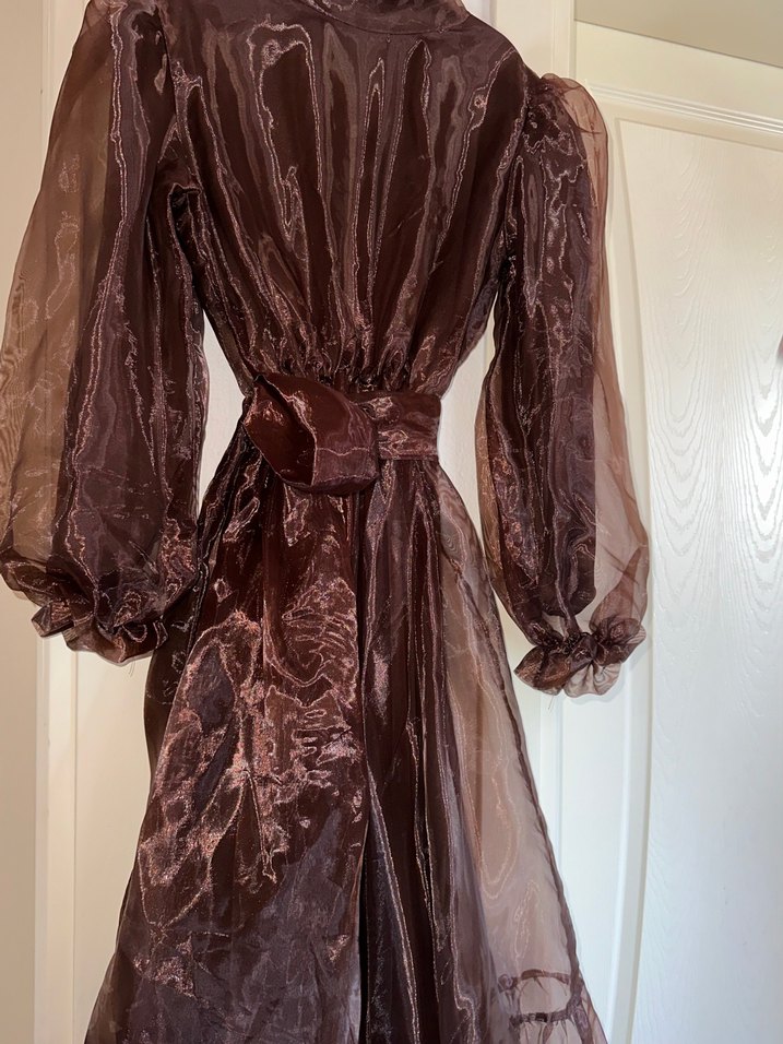 Uzun Kahverengi Drapeli Vintage Elbise - Görsel 5