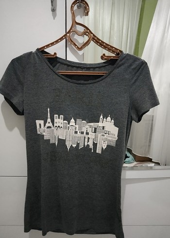 xl Beden Gri Pamuklu Paris Baskılı Kadın Tişört