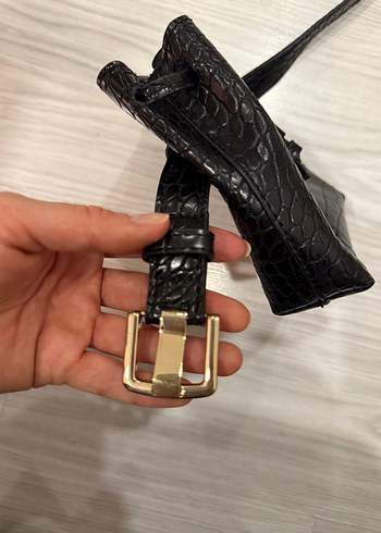 Siyah Deri Yılan Desenli Kadın Bel Çantası - Görsel 2