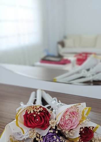 Renkli İpek Kurdeleli Vintage Gül Buketi - Görsel 3