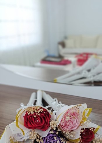 Renkli İpek Kurdeleli Vintage Gül Buketi - Görsel 5