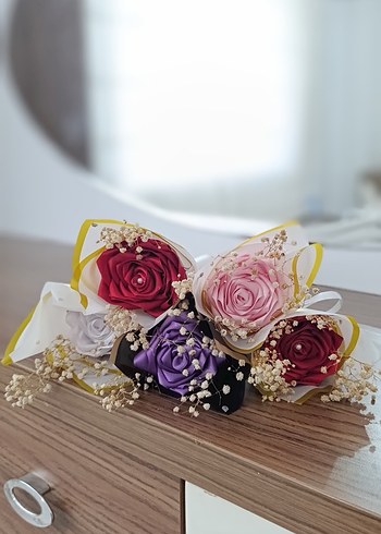 Renkli İpek Kurdeleli Vintage Gül Buketi - Görsel 2