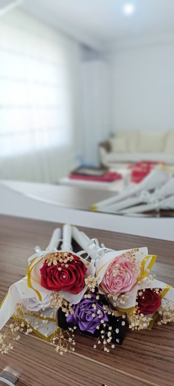 Renkli İpek Kurdeleli Vintage Gül Buketi - Görsel 5