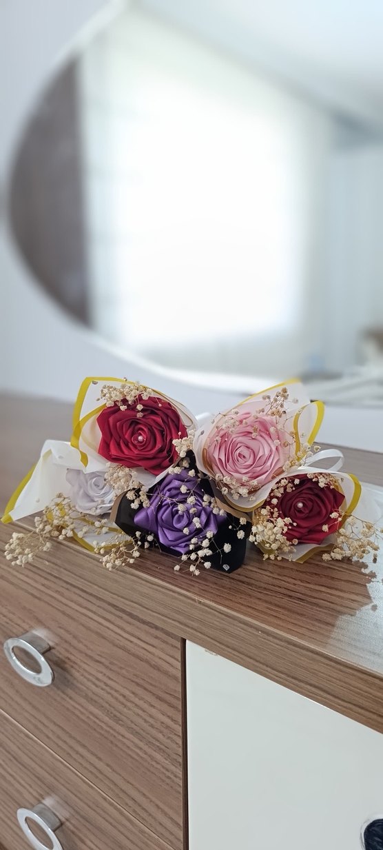 Renkli İpek Kurdeleli Vintage Gül Buketi - Görsel 2