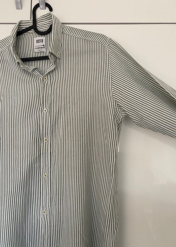 Gri Çizgili Uzun Kollu Erkek Keten Gömlek - Görsel 3