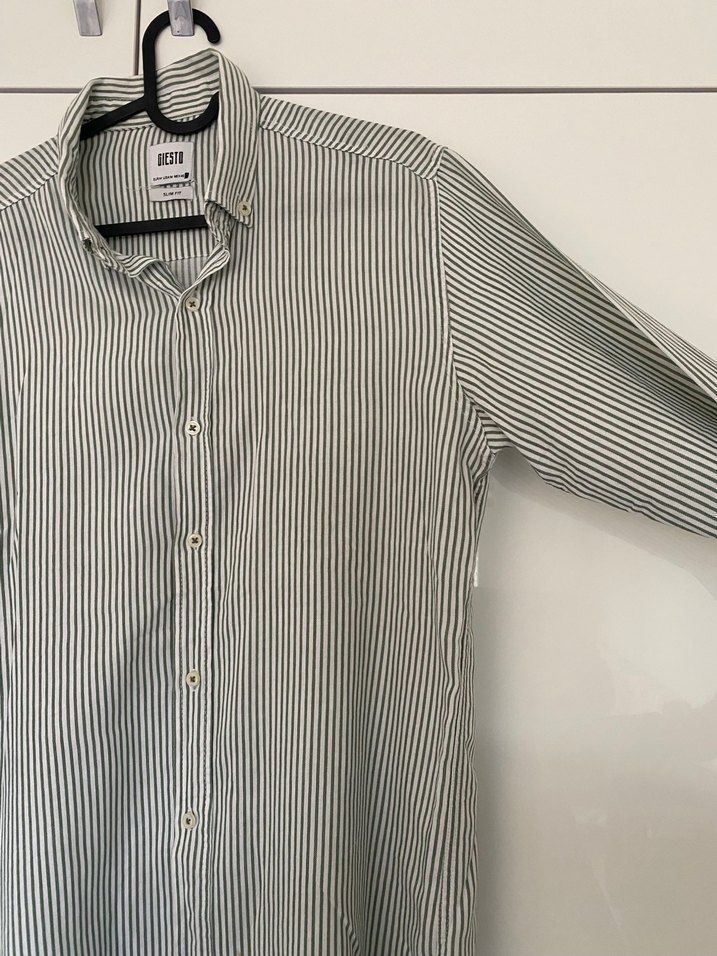 Gri Çizgili Uzun Kollu Erkek Keten Gömlek - Görsel 3