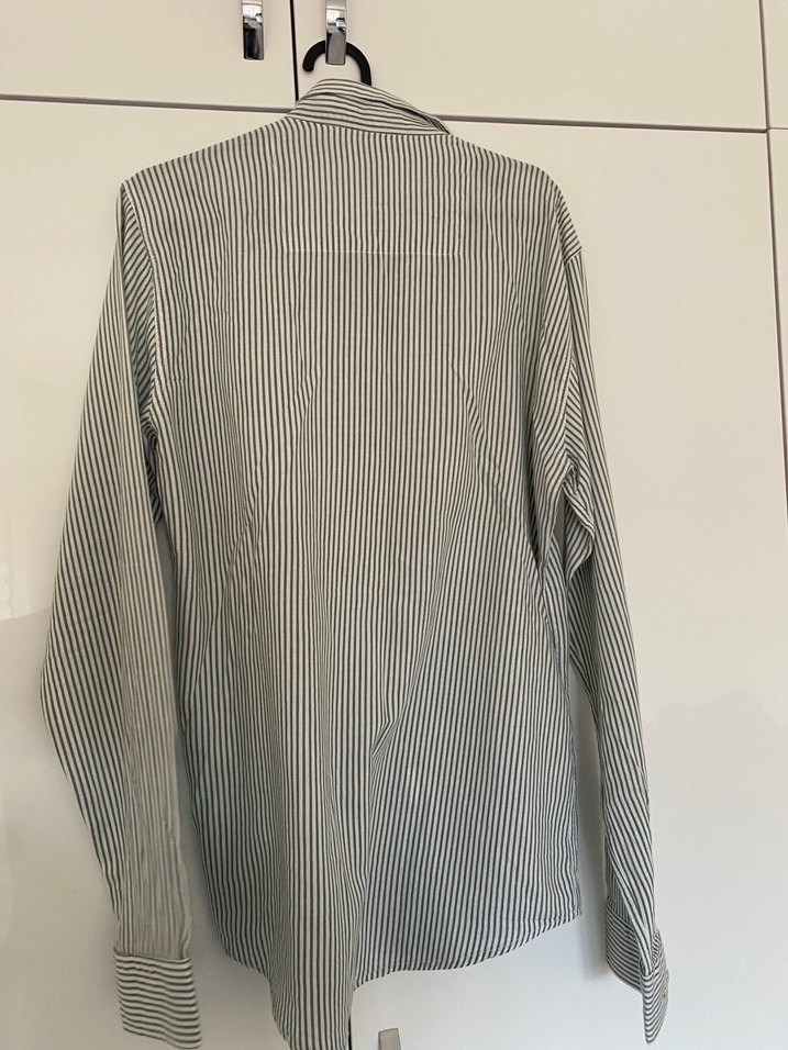 Gri Çizgili Uzun Kollu Erkek Keten Gömlek - Görsel 4