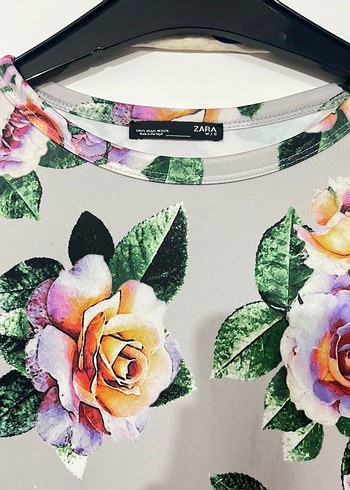 Zara Zara Çiçek Desenli Uzun Kollu Gri Kalem Elbise