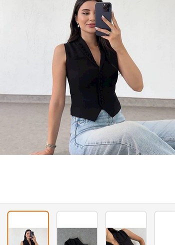 Siyah Düğmeli V Yaka Denim Kadın Yelek