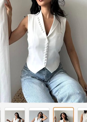 Gucci Düğmeli Beyaz Denim V Yaka Kadın Yelek