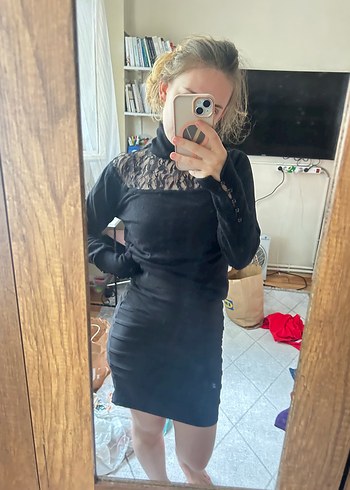 Siyah Dantel Detaylı Süet Midi Elbise - Görsel 2