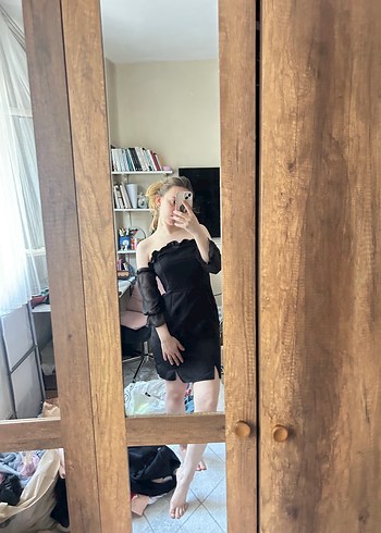 Siyah Transparan Kollu Straplez Midi Elbise - Görsel 7