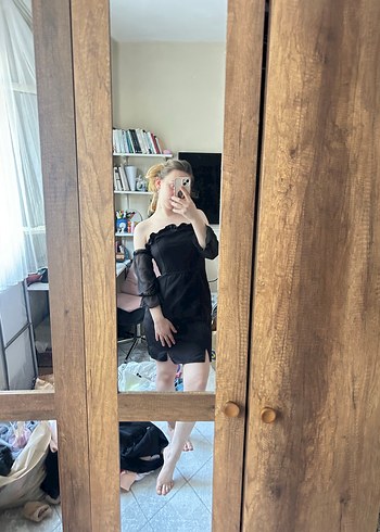 Siyah Transparan Kollu Straplez Midi Elbise - Görsel 6