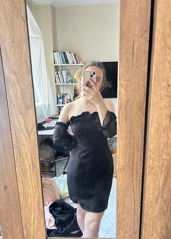 Siyah Transparan Kollu Straplez Midi Elbise - Görsel 2