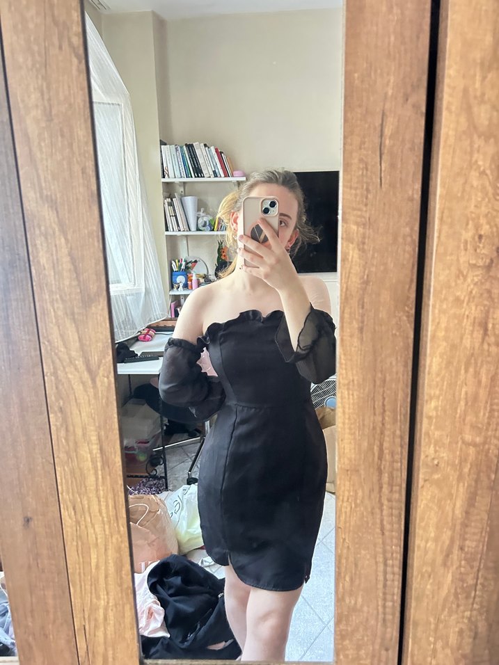 Siyah Transparan Kollu Straplez Midi Elbise - Görsel 2