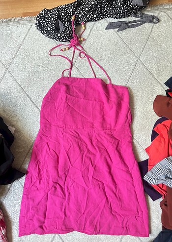 Pembe Straplez Midi Kadın Elbise - Görsel 5