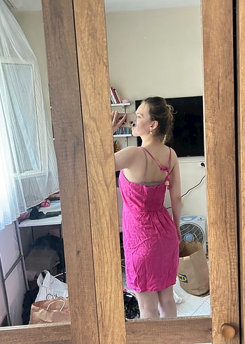 Pembe Straplez Midi Kadın Elbise - Görsel 3