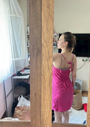 Pembe Straplez Midi Kadın Elbise - Görsel 4