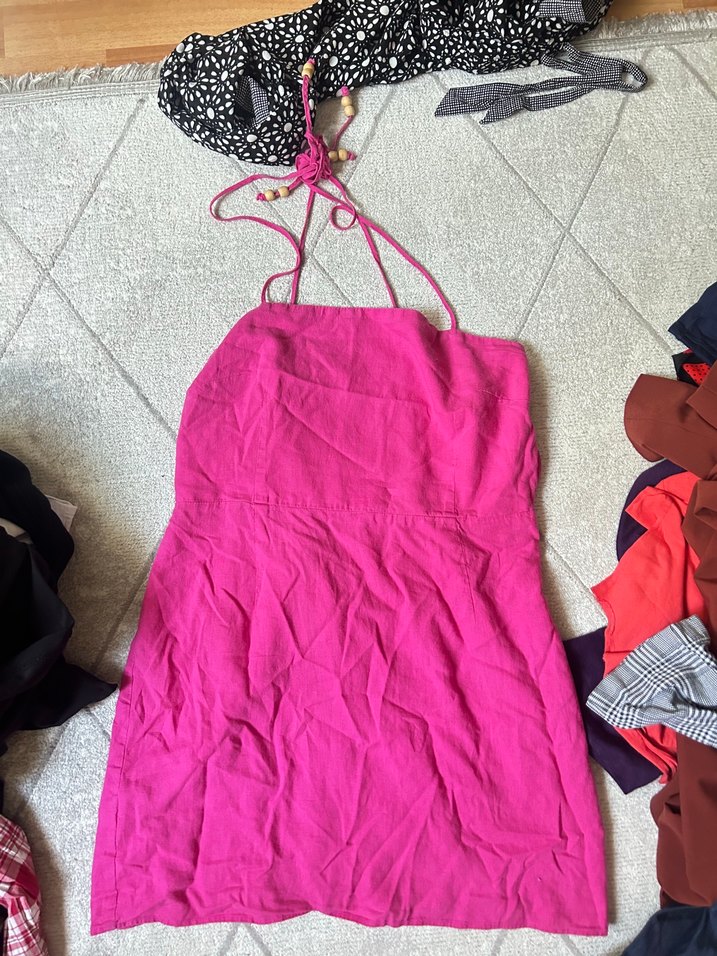 Pembe Straplez Midi Kadın Elbise - Görsel 5