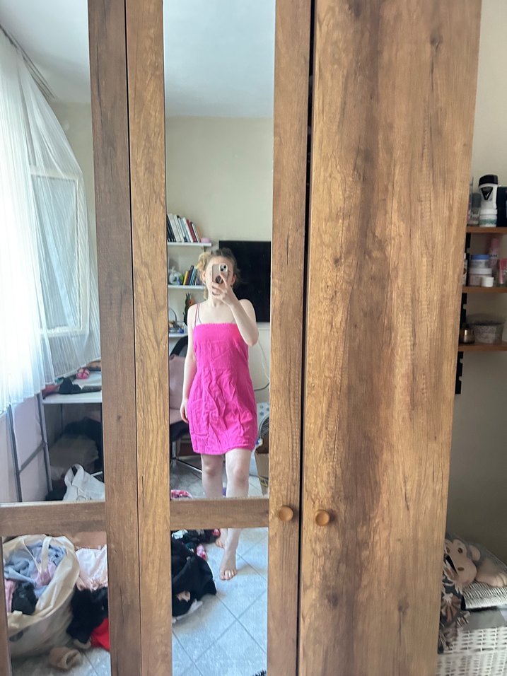 Pembe Straplez Midi Kadın Elbise - Görsel 2